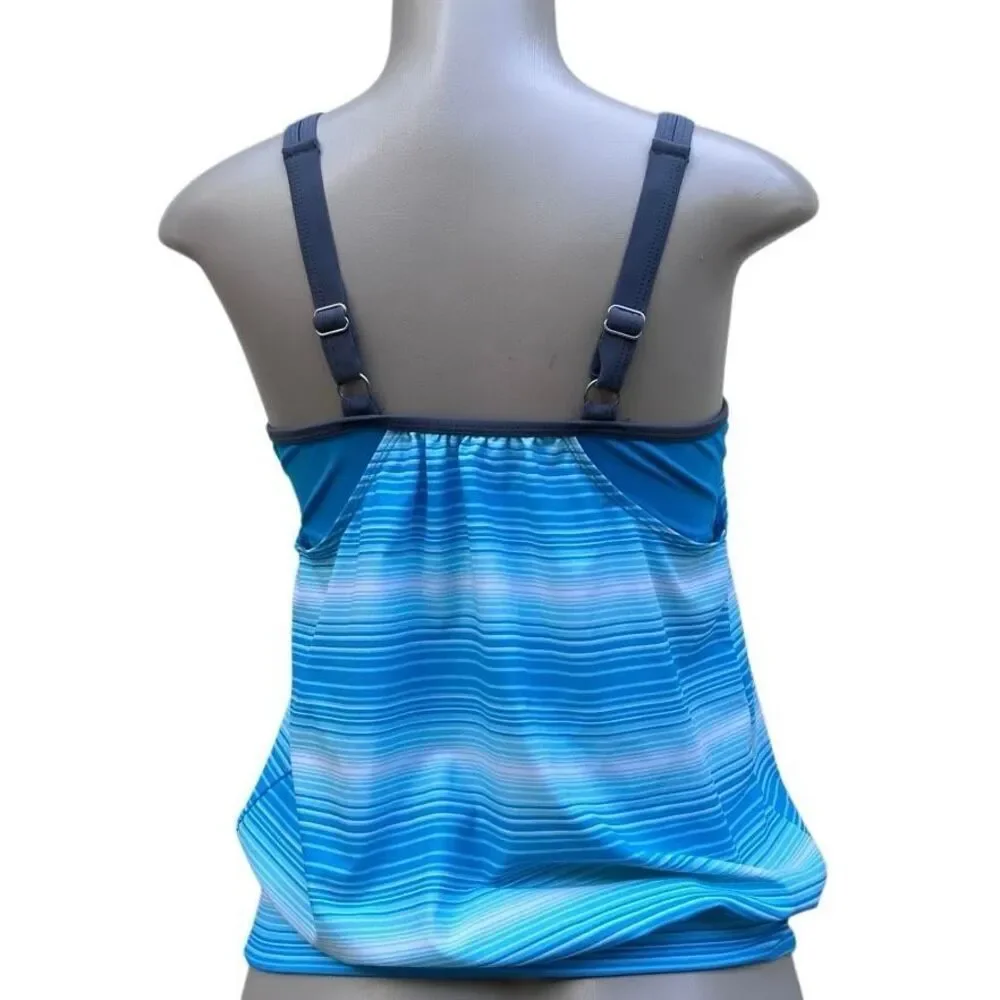 Free Country Swim Tankini Top Women's Medium Blue Striped Blouson Style